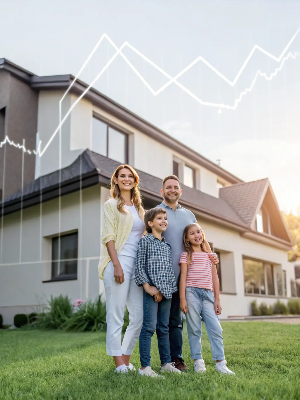 A family smiling and embracing, standing in front of a modern house, symbolizing the security and protection offered by life insurance. The scene is warm and inviting, emphasizing family values.