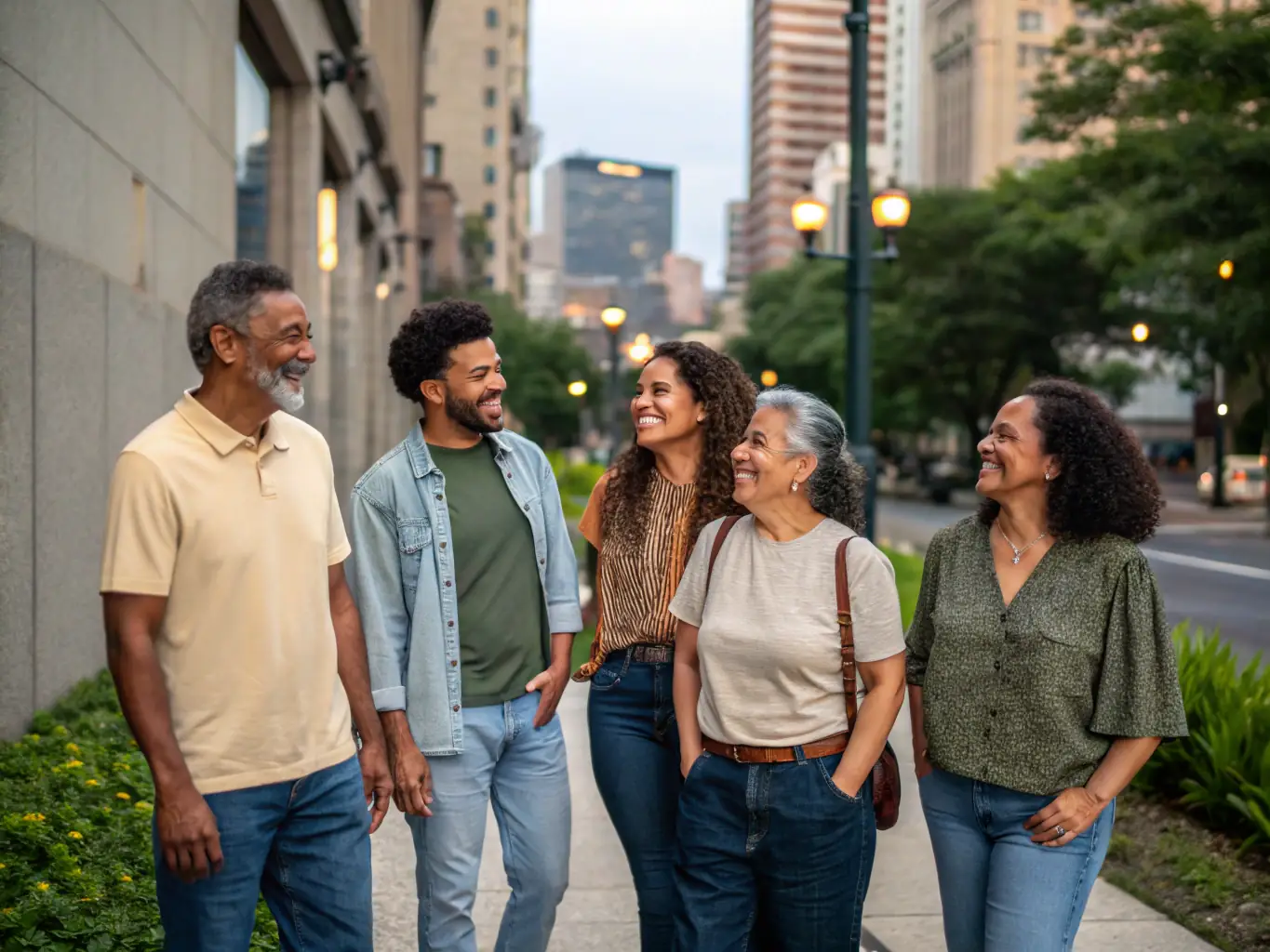 A diverse group of people smiling and standing together, representing community and support.