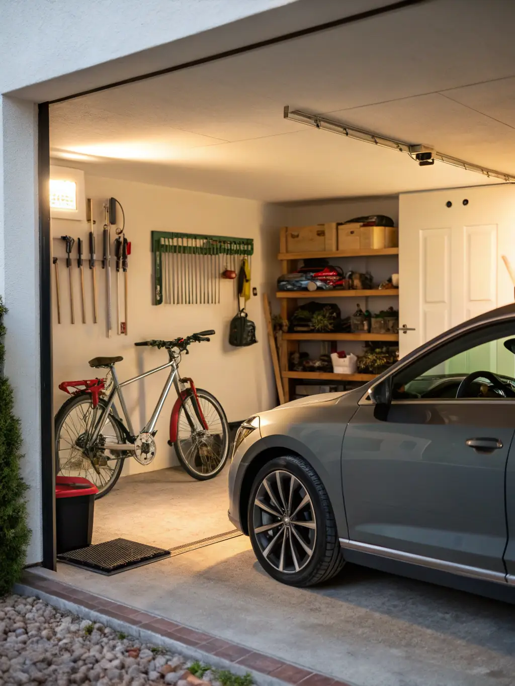 A modern car parked safely in a garage, representing the comprehensive protection offered by OC/AC insurance, emphasizing quick claims processing and high-quality service.
