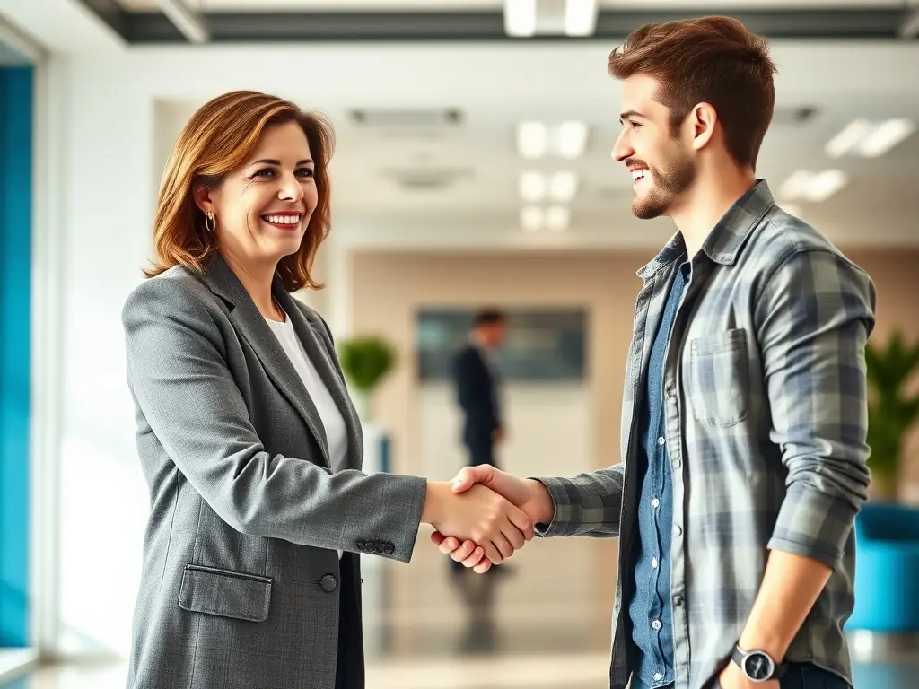 A friendly insurance agent shaking hands with a client in a modern office setting, symbolizing trust and partnership.